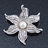 Silver Plated Textured, Crystal, Simulated Pearl 'Flower' Brooch - 55mm Width