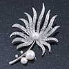 Large Rhodium Plated Clear Crystal, Simulated Glass Pearl 'Palm Leaf' Brooch - 70mm Length