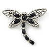 Silver Tone Filigree With Black Stone 'Dragonfly' Brooch - 70mm Width