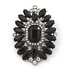 Victorian Style Black, Clear Acrylic Stone Oval Brooch In Gun Metal - 50mm Length