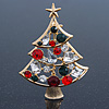 Holly Jolly Red, Green, Clear Austrian Crystals Christmas Tree Brooch In Gold Plating - 65mm Length