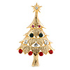 Red, Green, Clear, Pink Austrian Crystals Christmas Tree Brooch In Gold Plating - 60mm Length