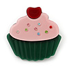 Dark Green/ Baby Pink Austrian Crystal Acrylic 'Cupcake' Pin Brooch - 40mm Across