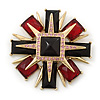Victorian Style Black/ Red Resin Stone Layered Cross Brooch In Gold Tone Metal - 75mm Across