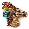 Large Multicoloured Austrian Crystal Circus Horse Head Brooch/ Pendant In Antique Gold Tone - 70mm Across