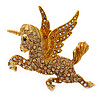 Stunning Austrian Crystal 'Unicorn' Brooch In Antique Gold Tone (AB, Orange, Light Topaz Colours) - 50mm Length