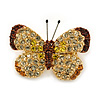 Tiny Clear, Orange, Brown, Lemon Yellow Pave Set Swarovski Crystal Butterfly Pin In Gold Tone - 25mm Across