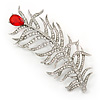 Large Exotic Clear Crystal, Red Cz 'Feather' Brooch In Rhodium Plating - 95mm Length
