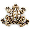 Vintage Inspired Glass Pearl, Crystal Frog Brooch In Antique Gold Tone - 65mm Width