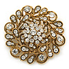 Vintage Inspired Clear Crystal Floral Corsage Brooch In Antique Gold Metal - 55mm Diameter