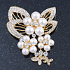 Bridal White Faux Pearl, Clear Austrian Crystal Floral Brooch In Gold Tone - 75mm L