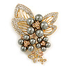 Grey Faux Pearl, Clear, Citrine Austrian Crystal Floral Brooch In Gold Tone - 75mm L