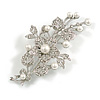 Bridal Crystal, Glass Pearl Floral Brooch In Silver Tone - 85mm L