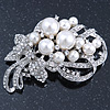 Bridal/ Wedding White Faux Pearl, Clear Crystal Floral Brooch In Silver Tone -  65mm L