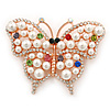 White Glass Pearl, Multicoloured Austrian Crystal Butterfly Brooch In Rose Gold Tone Metal - 58mm L