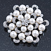 Bridal Glass Pearl, Clear Crystal Flower Brooch In Rhodium Plating - 45mm D