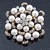 Bridal Glass Pearl, Clear Crystal Flower Brooch In Gold Plating - 45mm D