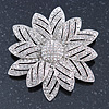 Bridal Clear Austrian Crystal Flower Brooch In Rhodium Plating - 50mm Diameter