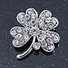Silver Tone Clear Crystal Clover Brooch - 35mm L