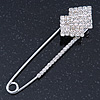 Clear Crystal Double Square Safety Pin Brooch In Rhodium Plating - 80mm L