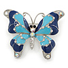 Navy & Sky Blue Enamel Crystal Butterfly Brooch In Rhodium Plating - 50mm W