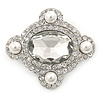 'Old Hollywood' White Simulated Pearl, Clear Crystal Oval Brooch In Rhodium Plating - 50mm Across