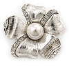 Vintage Inspired Textured, Crystal, Pearl Flower Brooch In Silver Tone - 45mm Diameter