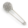 Clear Austrian Crystal Button Safety Pin Brooch In Rhodium Plating - 50mm L