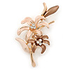 Magnolia/ Bronze Enamel, Crystal Double Flower Brooch In Gold Plating - 62mm L
