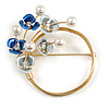 Blue/ Pale Blue Flower, Pearl Wreath Brooch In Gold Tone -70mm Across