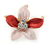 Small Pink/ Coral Enamel, Clear Crystal Flower Brooch In Gold Tone - 27mm