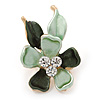 Small Mint/ Dark Green Enamel, Crystal Flower Brooch In Gold Tone - 30mm