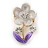 Purple Enamel, Crystal Floral Pin Brooch In Gold Tone - 25mm L