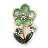 Mint/ Dark Green Enamel, Crystal Floral Pin Brooch In Gold Tone - 25mm L