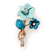 Blue/ Teal Two Daisy Crystal Floral Brooch - 30mm L