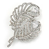 Clear Crystal Cz Double Feather Brooch In Rhodium Plating - 60mm L