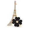 Crystal Eiffel Tower & Flower Brooch In Gold Plating - 55mm L