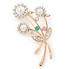 Gold Tone Glass Pearl, Crystal Floral Brooch - 58mm L