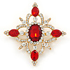 Red/ Clear Austrian Crystal Diamond Shape Corsage Brooch In Gold Plating - 50mm L