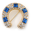 Clear And Blue Crystal Horseshoe Brooch In Gold Plating - 35mm