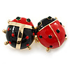 Black/ Red Enamel Double Ladybug Brooch In Gold Plating - 35mm
