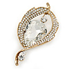 Vintage Inspired Clear Glass Stone Leaf Brooch In Antique Gold Tone - 60mm L