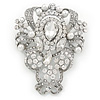 Bridal/ Wedding Clear Austrian Crystal, White Glass Pearl Corsage Brooch In Rhodium Plating - 65mm L