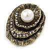 Vintage Inspired Textured, Crystal 'Shell' with Pearl Brooch In Antique Gold Metal - 45mm L