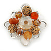 Orange, Brown Glass, Resin Bead Floral Handmade Brooch In Silver Tone - 40mm L