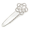 Rhodium Plated Clear Crystal Open Cut Flower Safety Pin Brooch - 80mm L