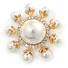Gold Plated White Glass Pearl, Crystal Sunflower Brooch - 45mm Across