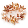 White/ Brown/ Light Orange Faux Pearl, Crystal Wreath Brooch In Rose Gold Tone Metal - 55mm W