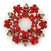 Siam Red Crystal Wreath Brooch In Antique Gold Tone - 50mm D