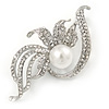 Delicate Clear Austrian Crystal, White Glass Pearl Leaf Brooch In Rhodium Plated Metal - 50mm L